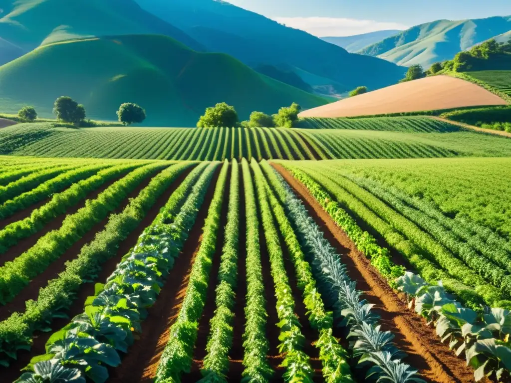 Vista serena de una granja orgánica exuberante con cultivos verdes, transmitiendo paz y sostenibilidad en el impacto ecológico de alimentos orgánicos