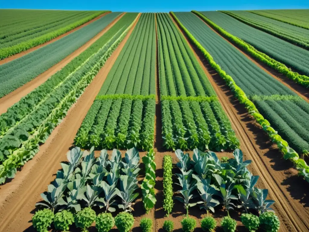 Vista serena de una granja orgánica, con cultivos ordenados bajo cielo azul