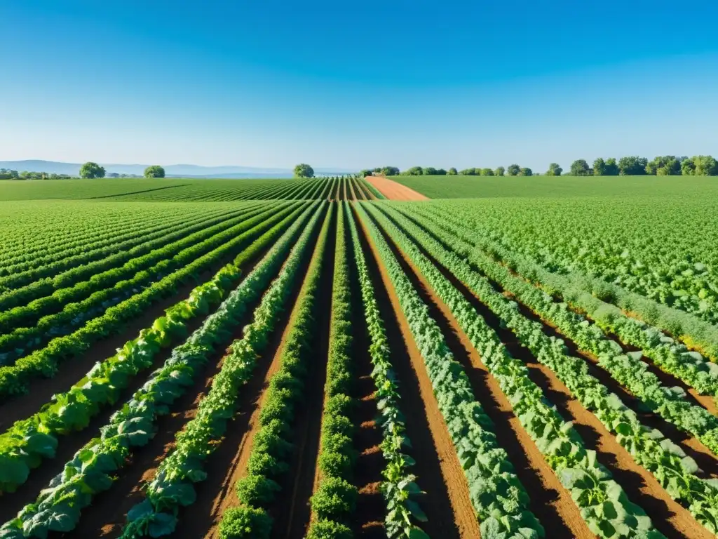 Vista serena de una granja orgánica vibrante, con cultivos en filas bajo un cielo azul