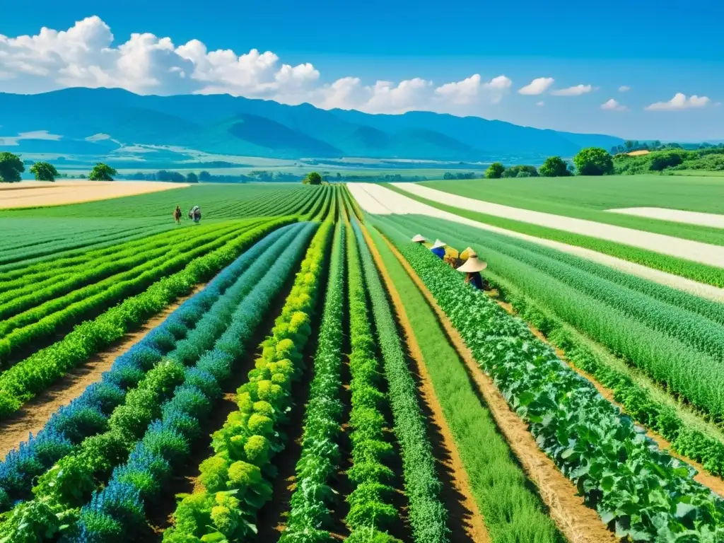 Vista serena de una granja orgánica, cultivos verdes en patrones geométricos