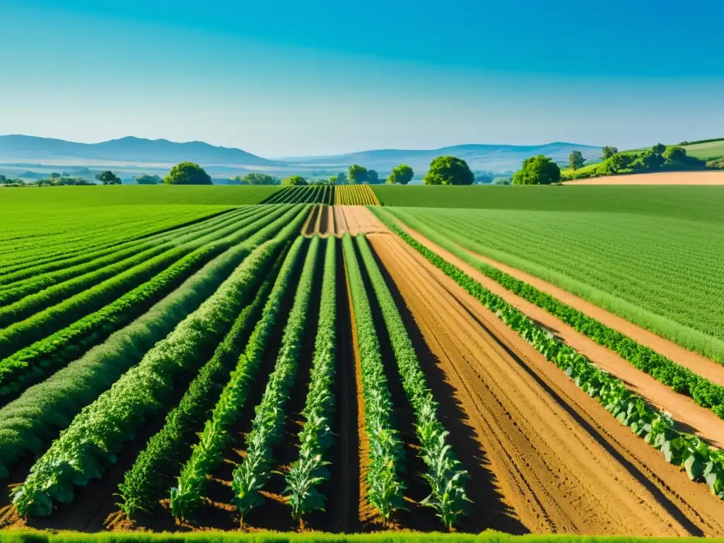 Vista serena de una granja orgánica bañada por el sol, con cultivos verdes y senderos