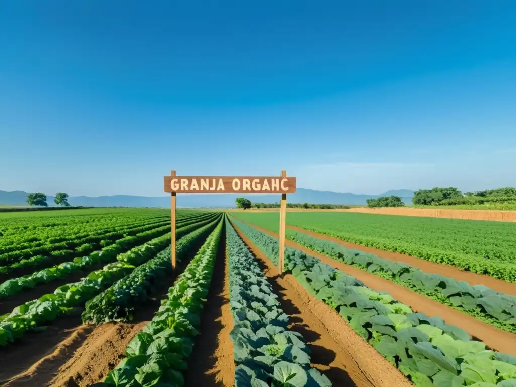 Vista serena de una granja orgánica con filas de cultivos verdes bajo el cielo azul