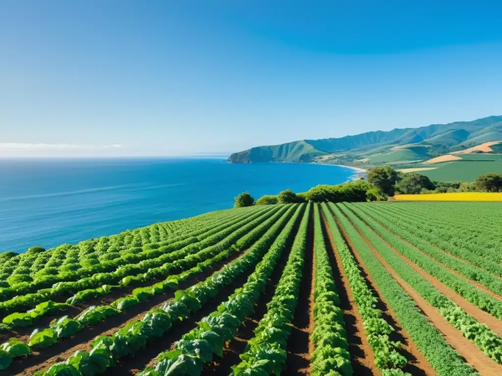 Vista serena de un granja orgánica costera con cultivos variados, bañada por el sol y el mar