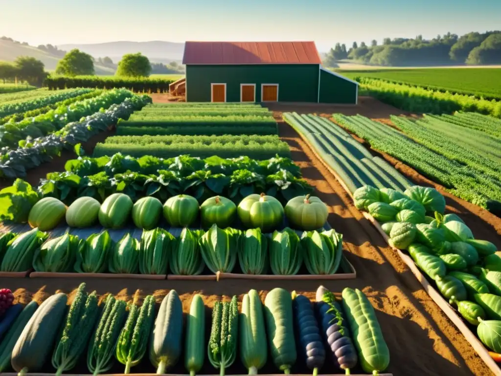 Vista serena de una granja orgánica con filas de verduras y frutas, bañadas por cálida luz solar