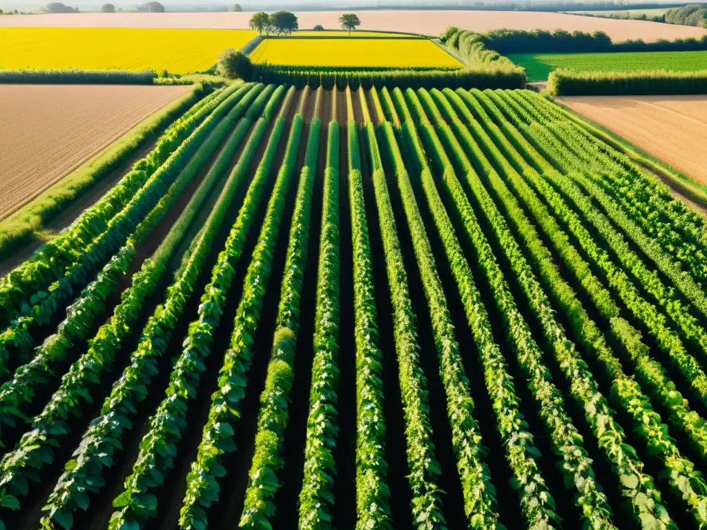 Vista serena de granja orgánica bañada en luz dorada, con cultivos vibrantes y saludables