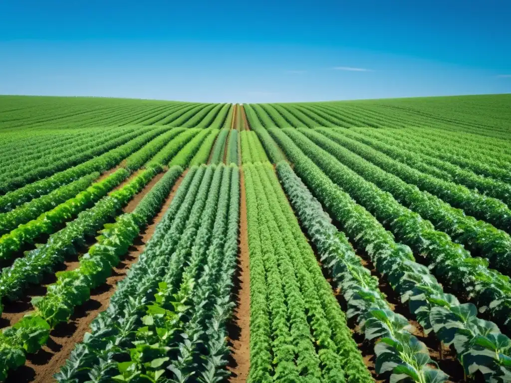 Vista serena de una granja orgánica, con cultivos vibrantes bajo cielo azul