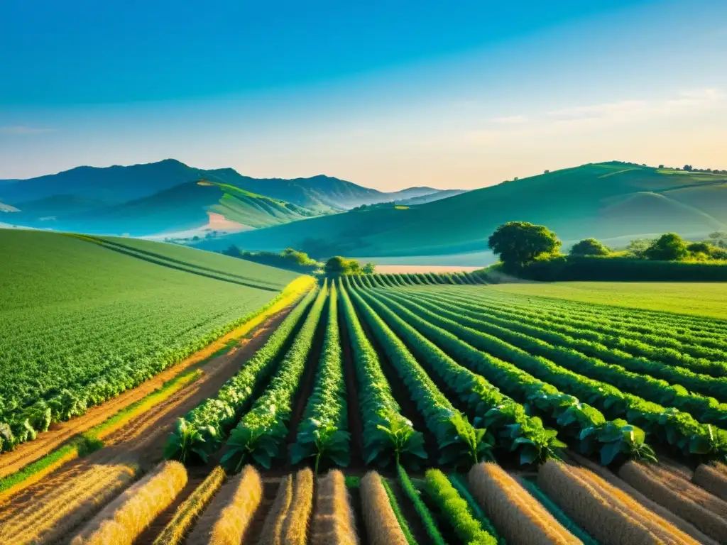 Vista serena de una granja orgánica bañada por la cálida luz dorada, resaltando la importancia del Big Data en agricultura orgánica