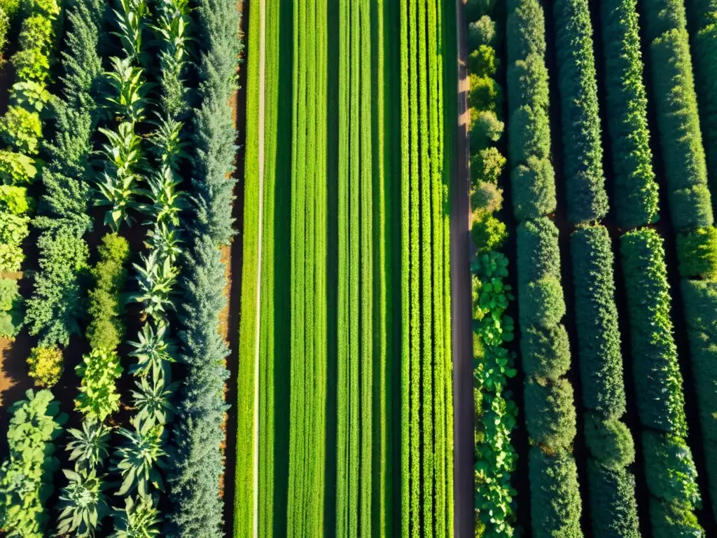 Vista serena de una granja orgánica con cultivos verdes y vibrantes