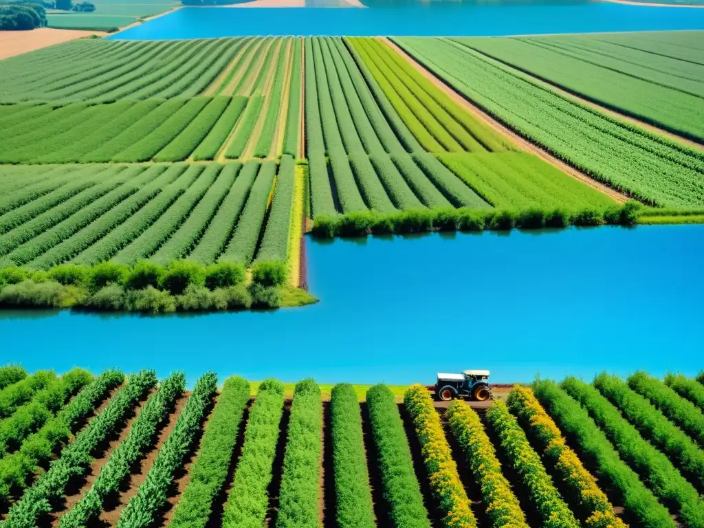 Vista serena de una granja orgánica bañada por el sol, con cultivos verdes y ordenados que se extienden hacia el horizonte