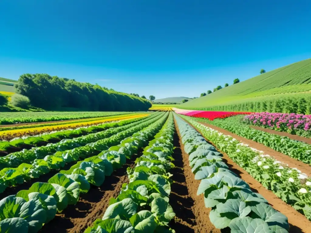 Vista serena de una granja orgánica con cultivos vibrantes, abejas revoloteando y un arroyo