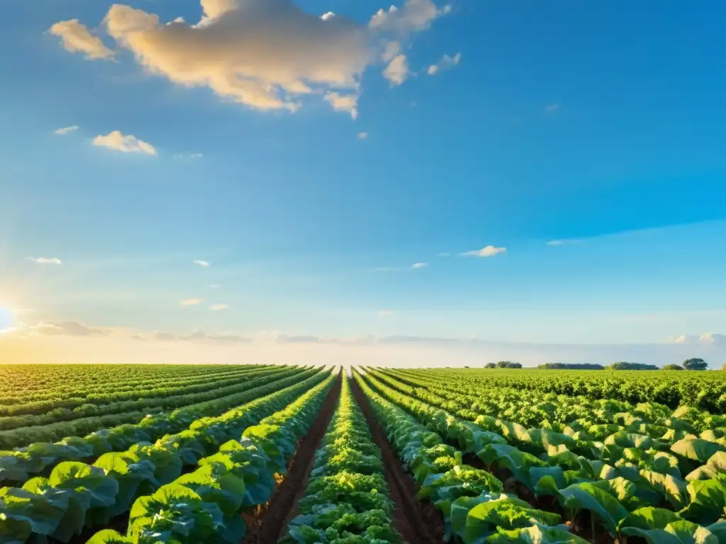 Vista serena de una granja orgánica, con cultivos ordenados y un cielo azul