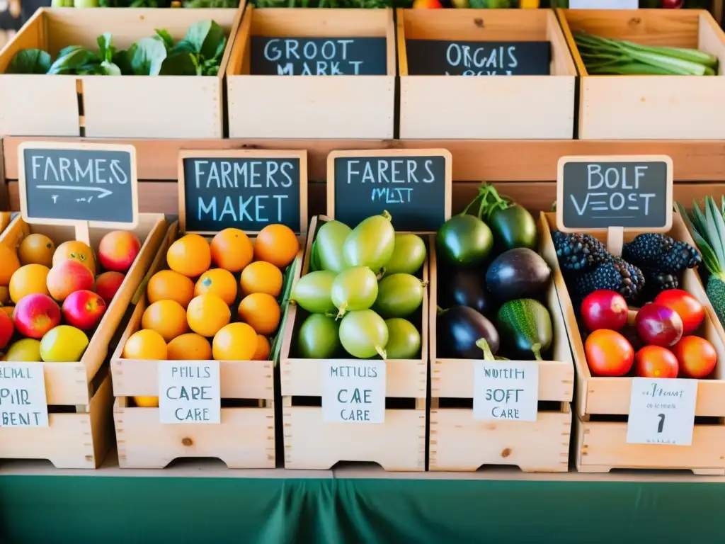 Vista serena de un mercado de alimentos orgánicos que evoca autenticidad y cuidado en la cultivación, prevención trastornos mentales