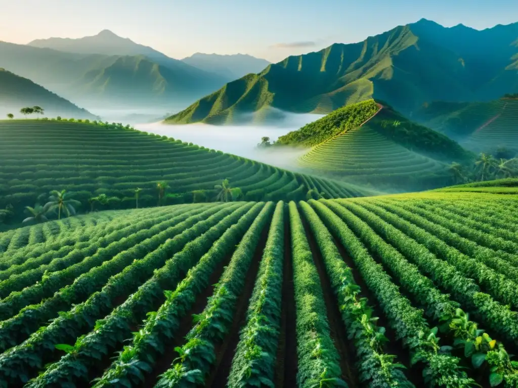 Vista serena de una plantación de café orgánico al amanecer, con una huella de carbono sostenible