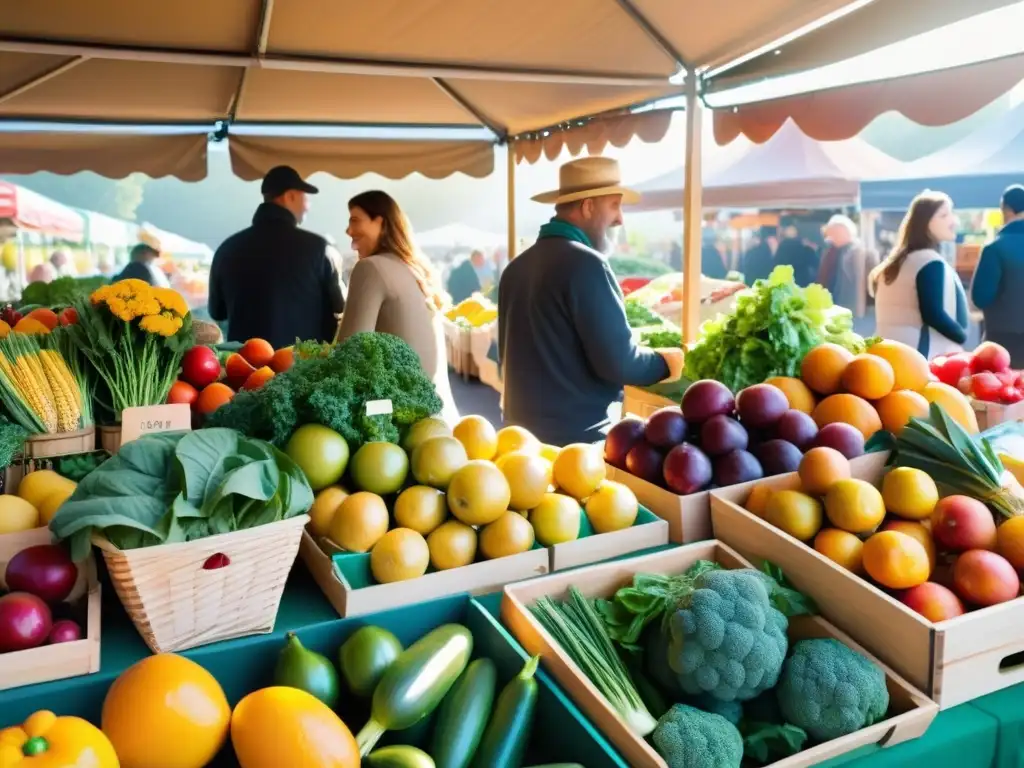 Vista vibrante del bullicioso mercado de alimentos orgánicos 2023 con productos frescos y coloridos, bañado en cálido resplandor dorado