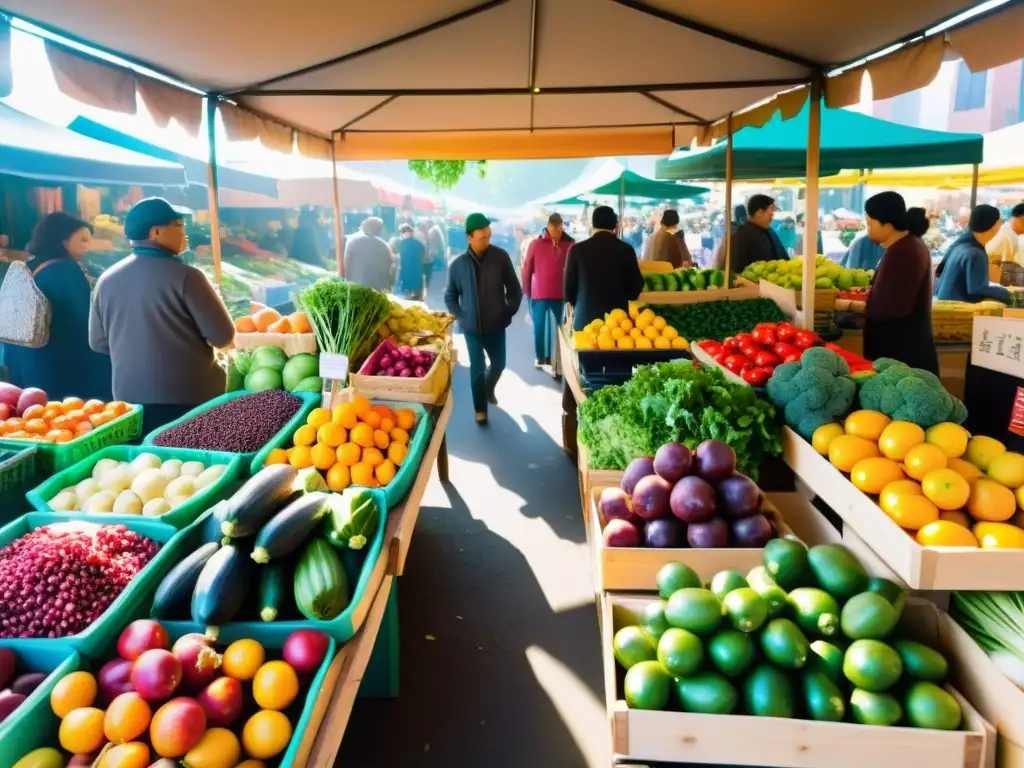 Vista vibrante de un bullicioso mercado de alimentos orgánicos, con puestos coloridos rebosantes de productos frescos