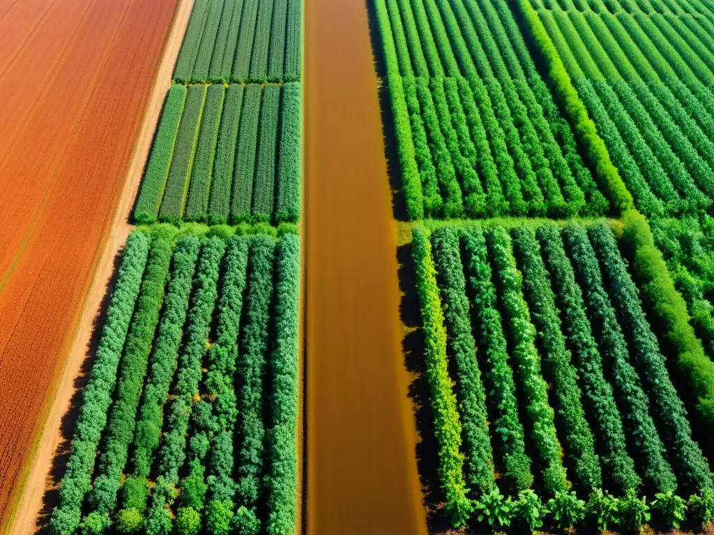 Comparación visual: cultivo orgánico vs Comparación visual de campos de cultivos orgánicos y convencionales, resaltando la huella de carbono