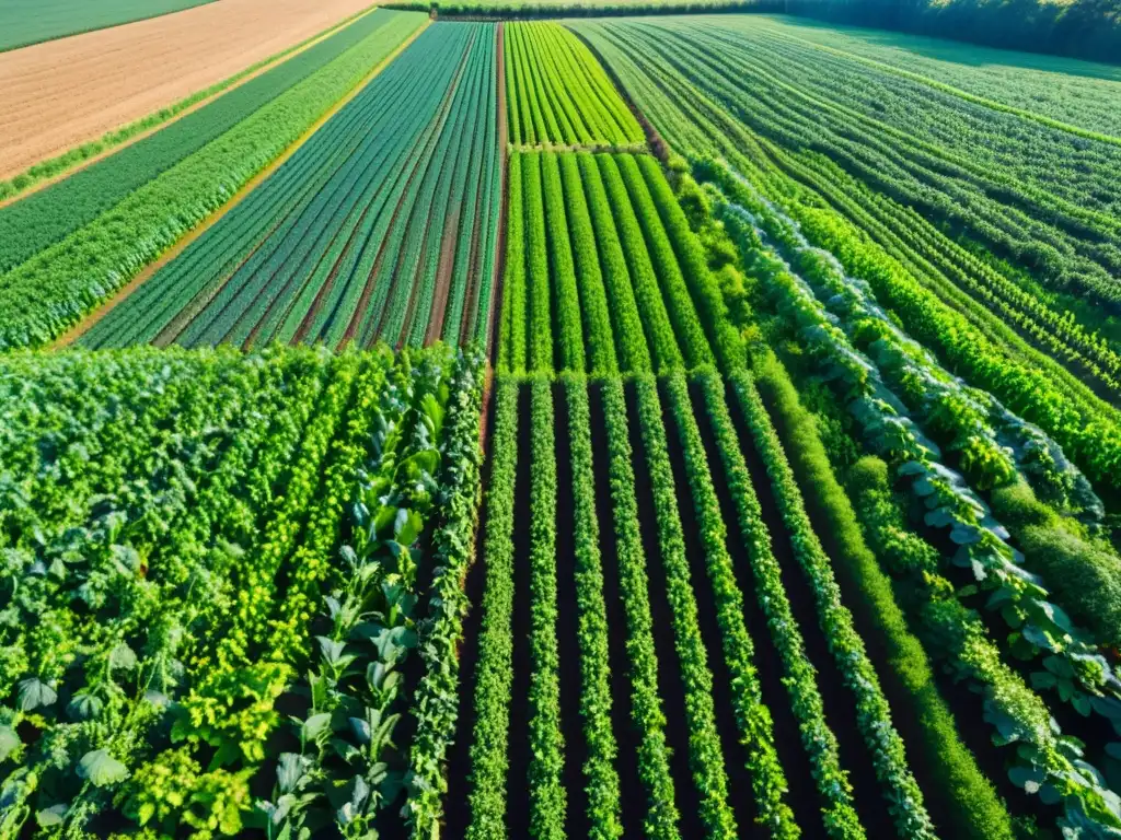 Visual detallado de finca orgánica próspera con cultivos verdes bajo cielo azul