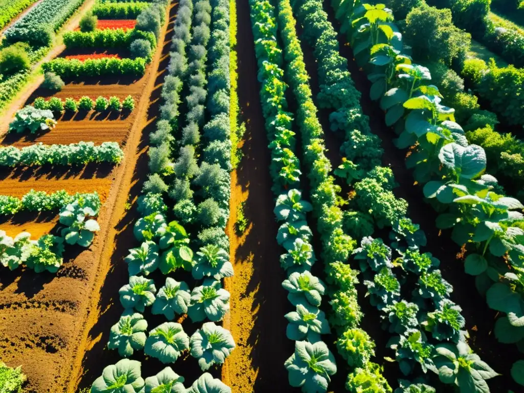 Vívida granja orgánica de frutas y verduras con impacto positivo en el medio ambiente, repleta de colores y vida natural