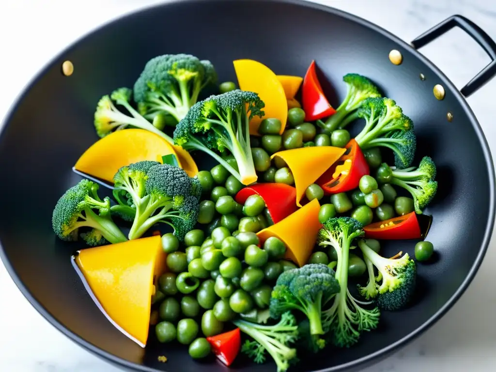 Un wok con vegetales salteados orgánicos, vibrantes y coloridos, en una composición minimalista